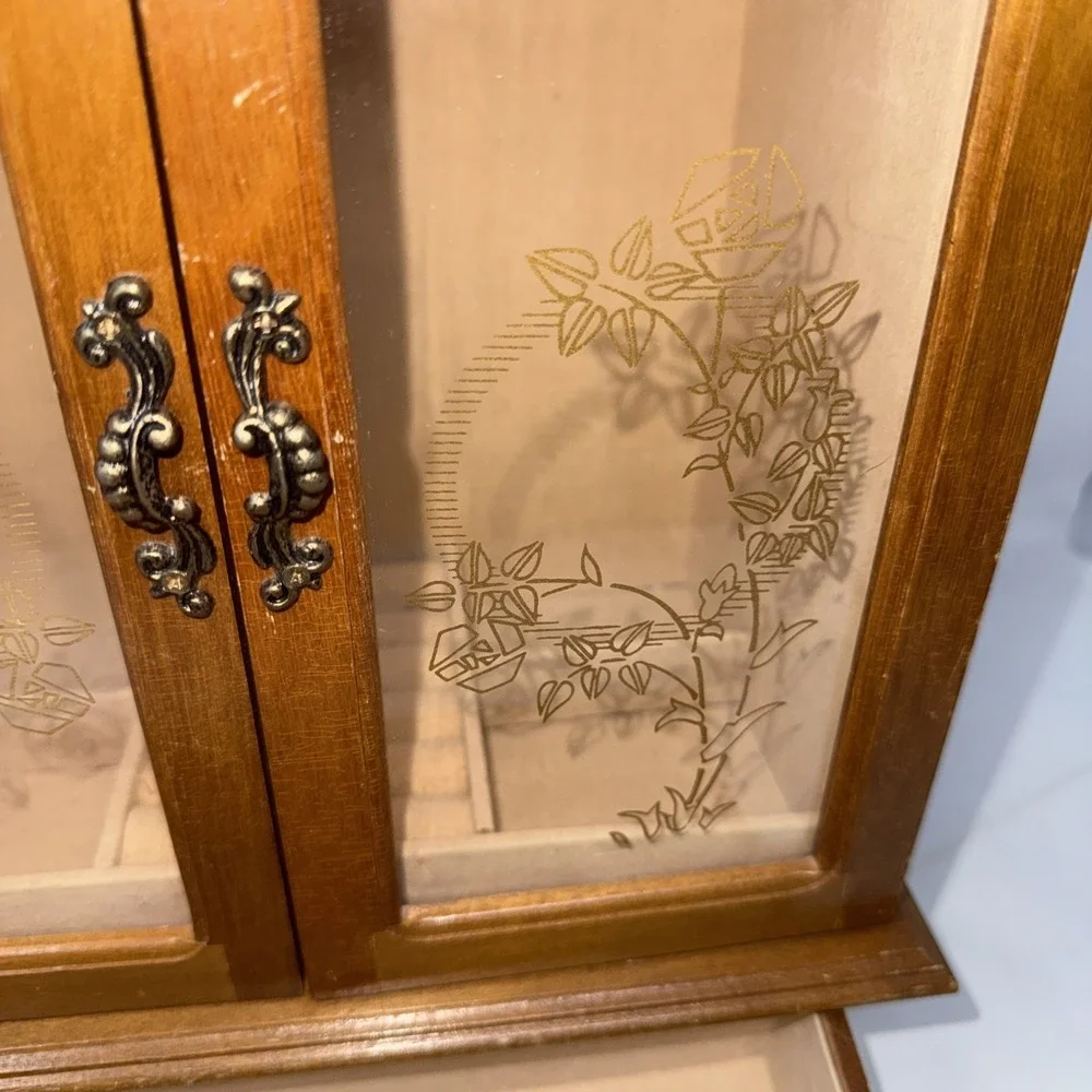 Vintage Wood 2 Door Jewelry Box Armoire Style Cabinet w Mirror Drawer Scuffs